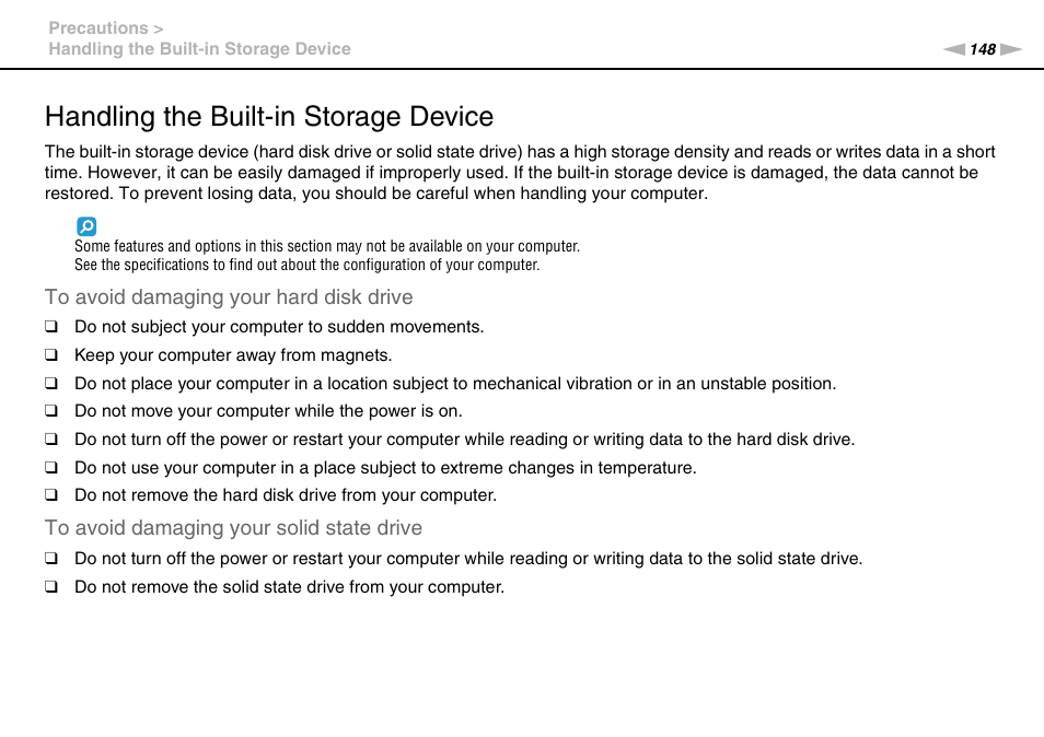 Handling the built-in storage device | Sony VPCB1190X User Manual | Page 148 / 198