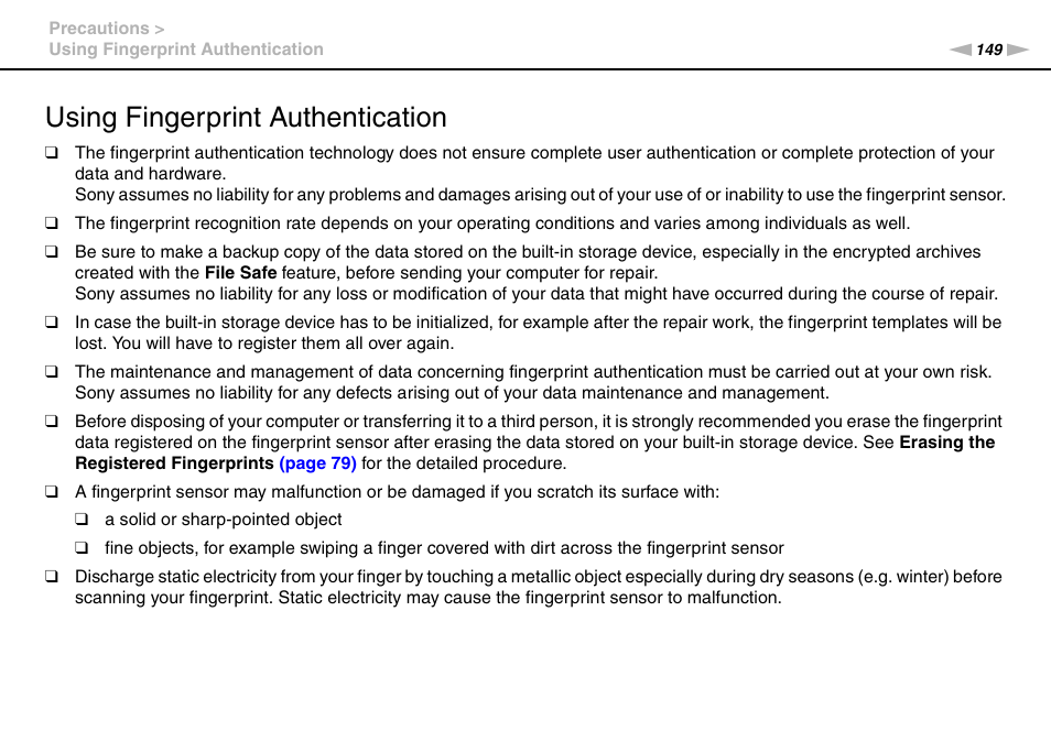 Using fingerprint authentication, Tion | Sony VPCB1190X User Manual | Page 149 / 198