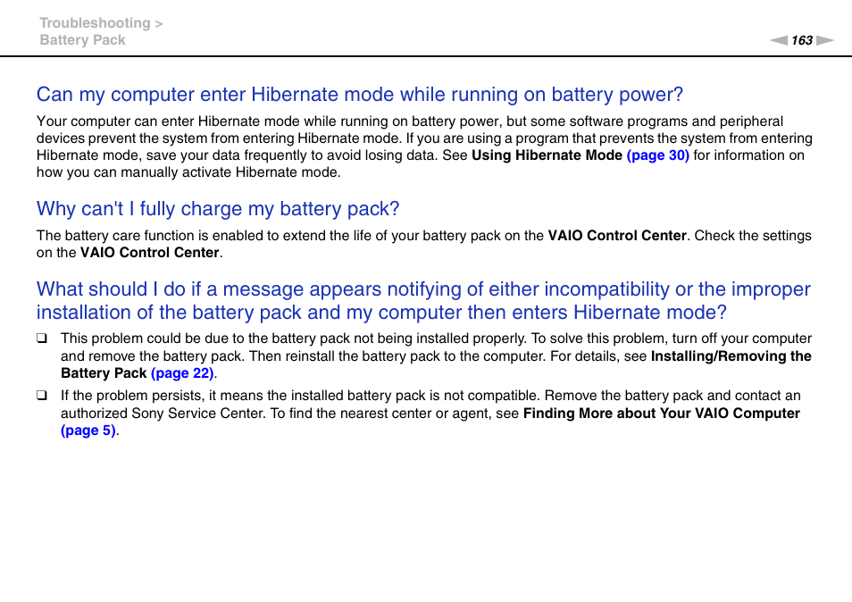 Why can't i fully charge my battery pack | Sony VPCB1190X User Manual | Page 163 / 198