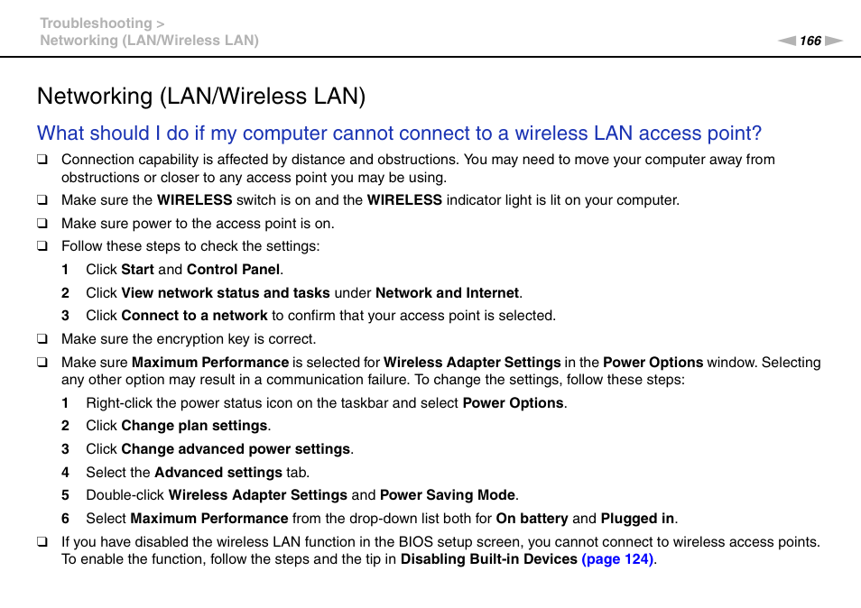Networking (lan/wireless lan), Lan) | Sony VPCB1190X User Manual | Page 166 / 198