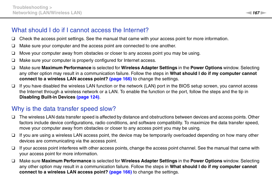 What should i do if i cannot access the internet, Why is the data transfer speed slow | Sony VPCB1190X User Manual | Page 167 / 198