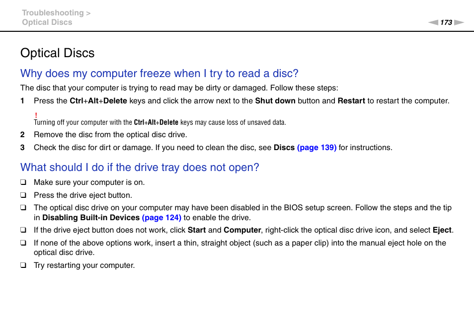 Optical discs, What should i do if the drive tray does not open | Sony VPCB1190X User Manual | Page 173 / 198