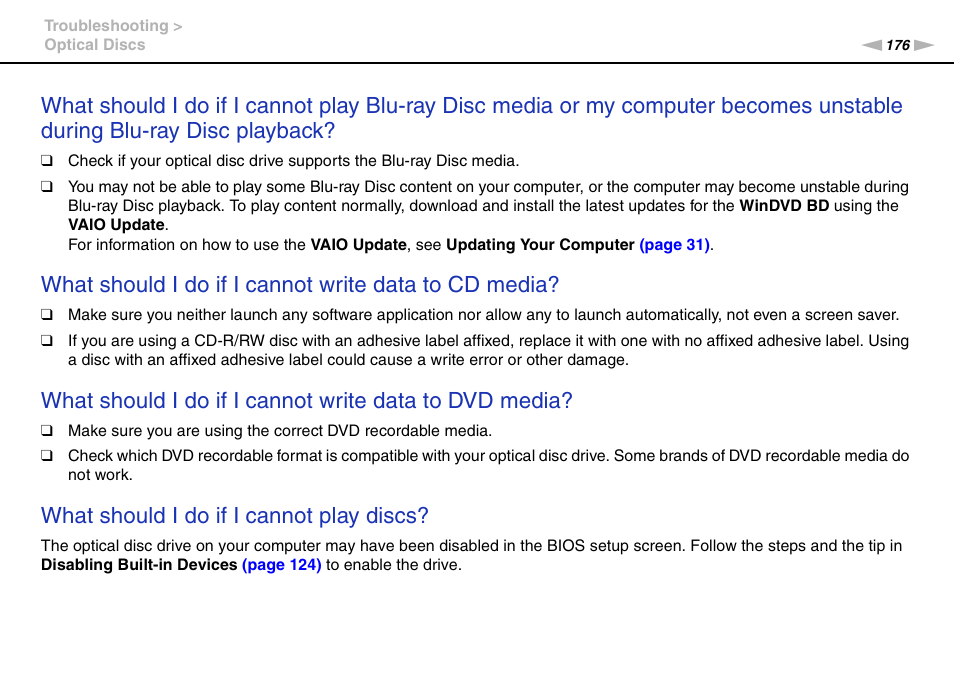 What should i do if i cannot play discs | Sony VPCB1190X User Manual | Page 176 / 198