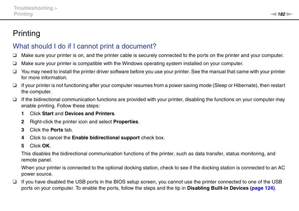 Printing, Inting, What should i do if i cannot print a document | Sony VPCB1190X User Manual | Page 182 / 198