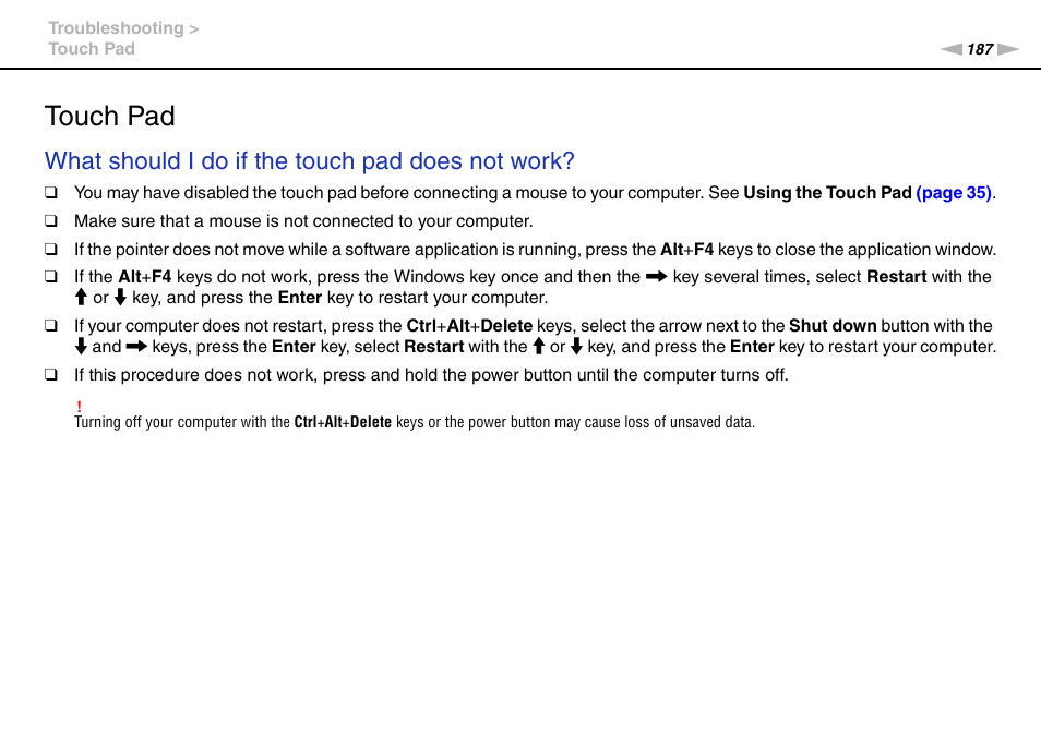 Touch pad, What should i do if the touch pad does not work | Sony VPCB1190X User Manual | Page 187 / 198