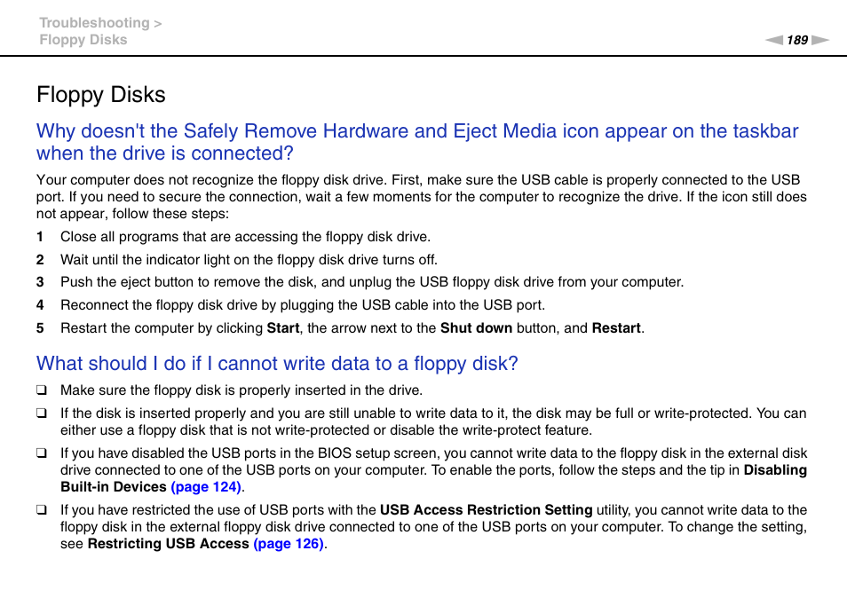 Floppy disks | Sony VPCB1190X User Manual | Page 189 / 198