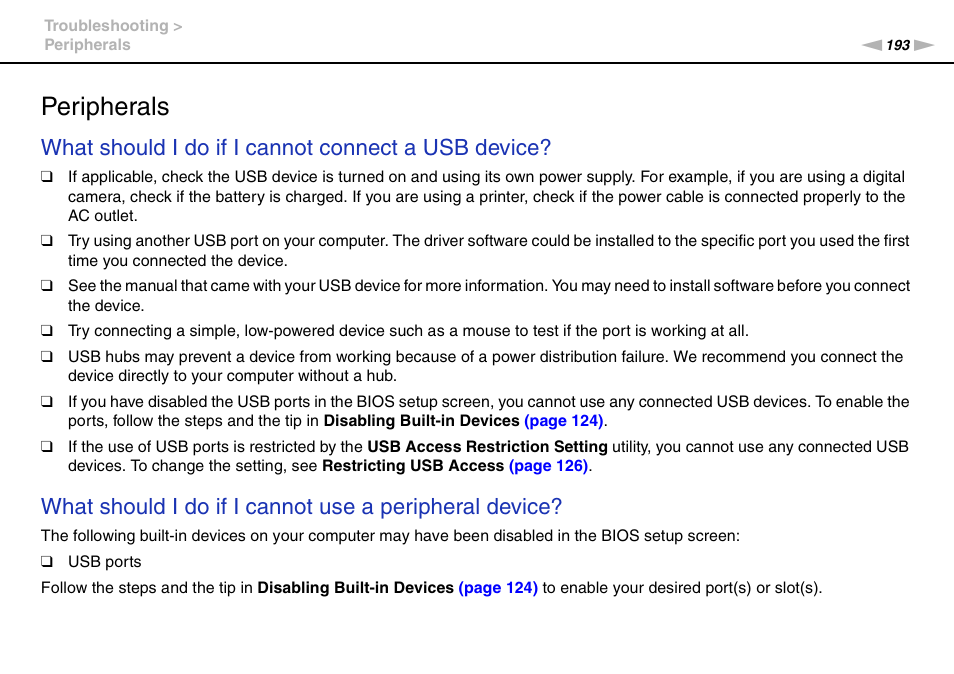 Peripherals, What should i do if i cannot connect a usb device | Sony VPCB1190X User Manual | Page 193 / 198