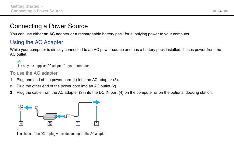 Connecting a power source, Using the ac adapter | Sony VPCB1190X User Manual | Page 20 / 198