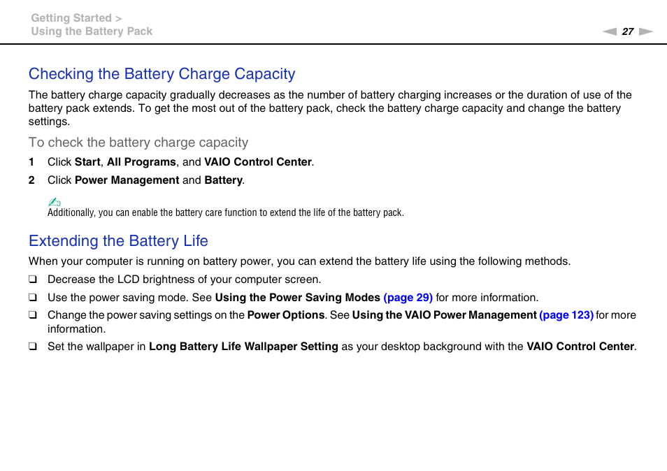 Checking the battery charge capacity, Extending the battery life | Sony VPCB1190X User Manual | Page 27 / 198
