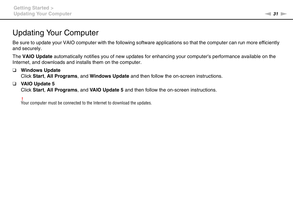 Updating your computer | Sony VPCB1190X User Manual | Page 31 / 198
