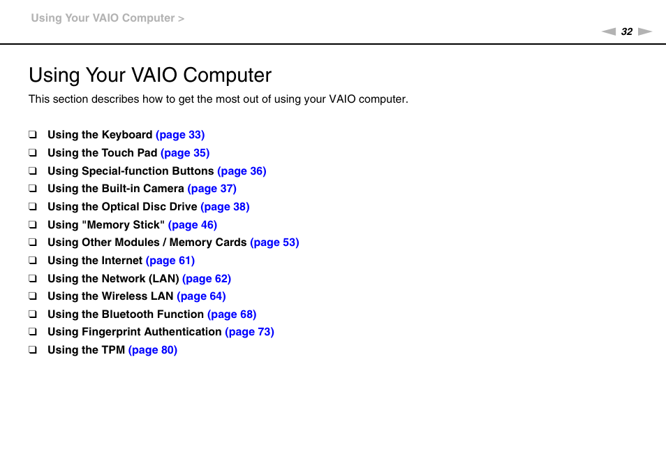 Using your vaio computer | Sony VPCB1190X User Manual | Page 32 / 198