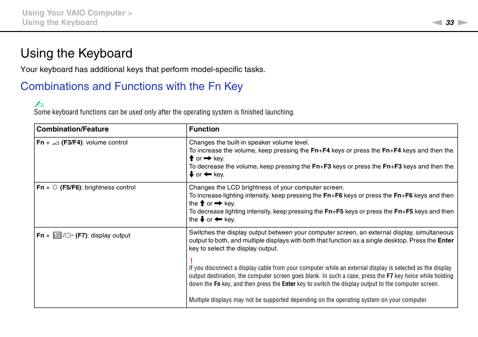 Using the keyboard, Combinations and functions with the fn key | Sony VPCB1190X User Manual | Page 33 / 198