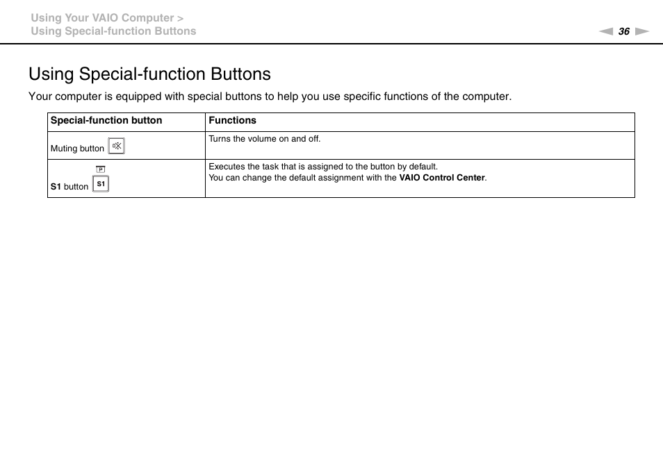 Using special-function buttons | Sony VPCB1190X User Manual | Page 36 / 198