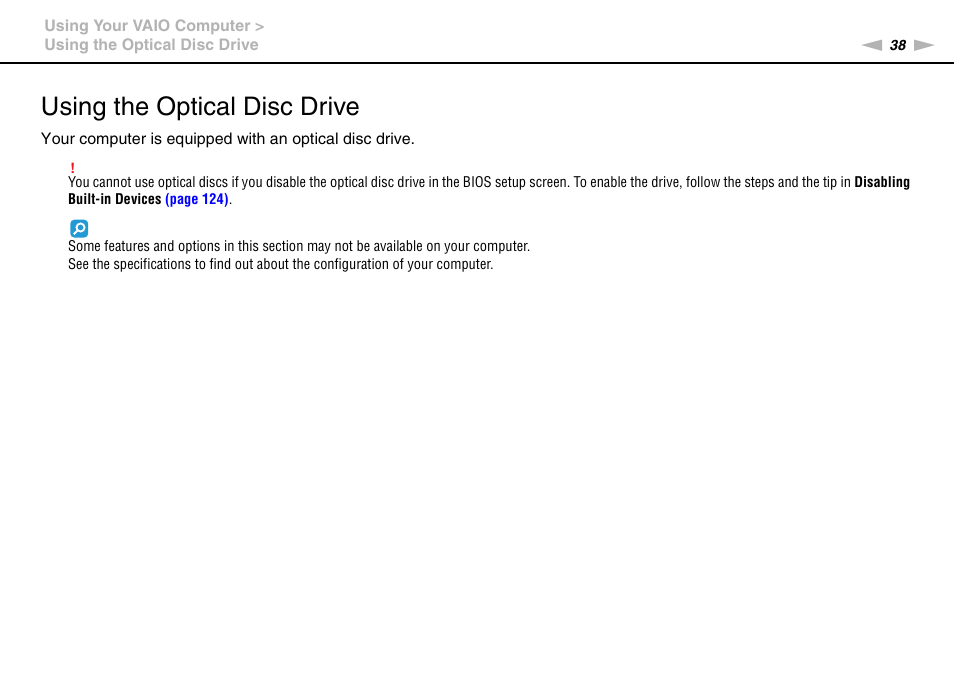 Using the optical disc drive | Sony VPCB1190X User Manual | Page 38 / 198