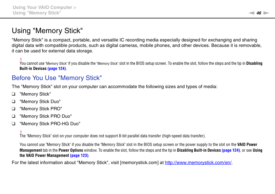 Using "memory stick | Sony VPCB1190X User Manual | Page 46 / 198
