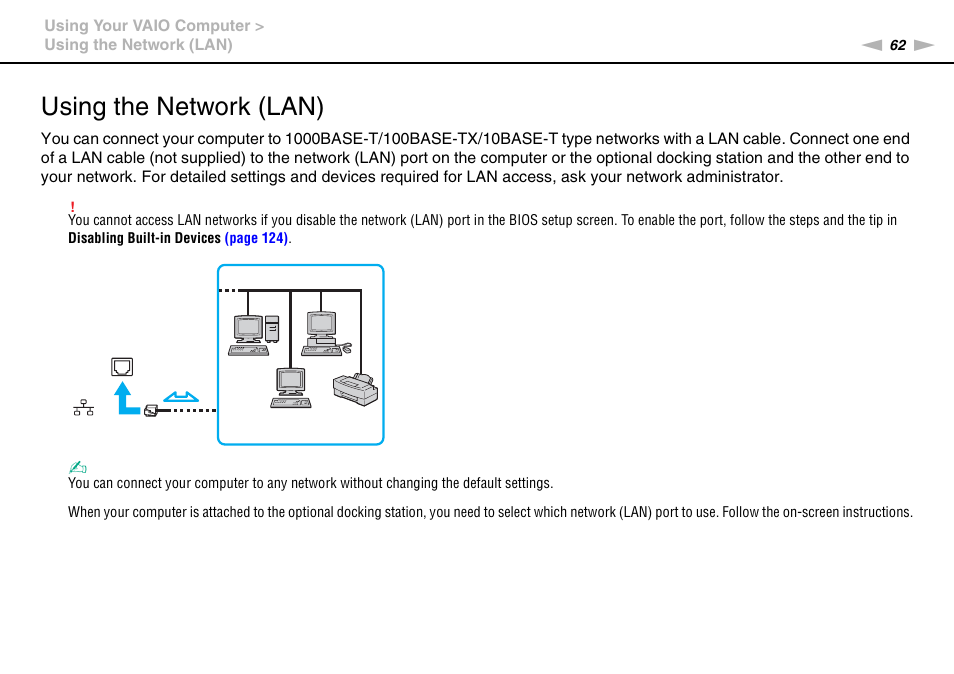 Using the network (lan) | Sony VPCB1190X User Manual | Page 62 / 198