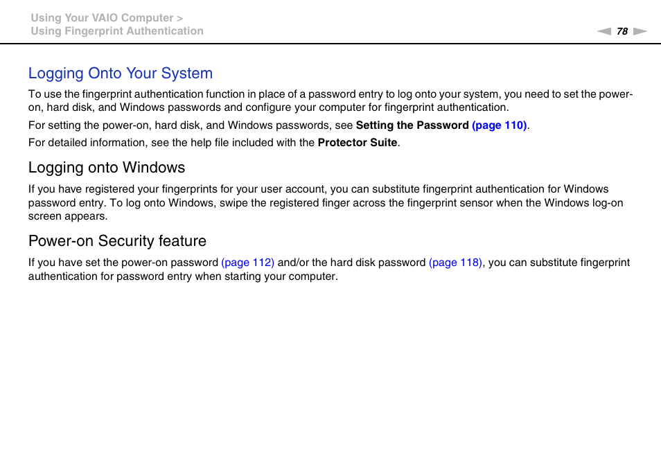Logging onto your system, Logging onto windows, Power-on security feature | Sony VPCB1190X User Manual | Page 78 / 198
