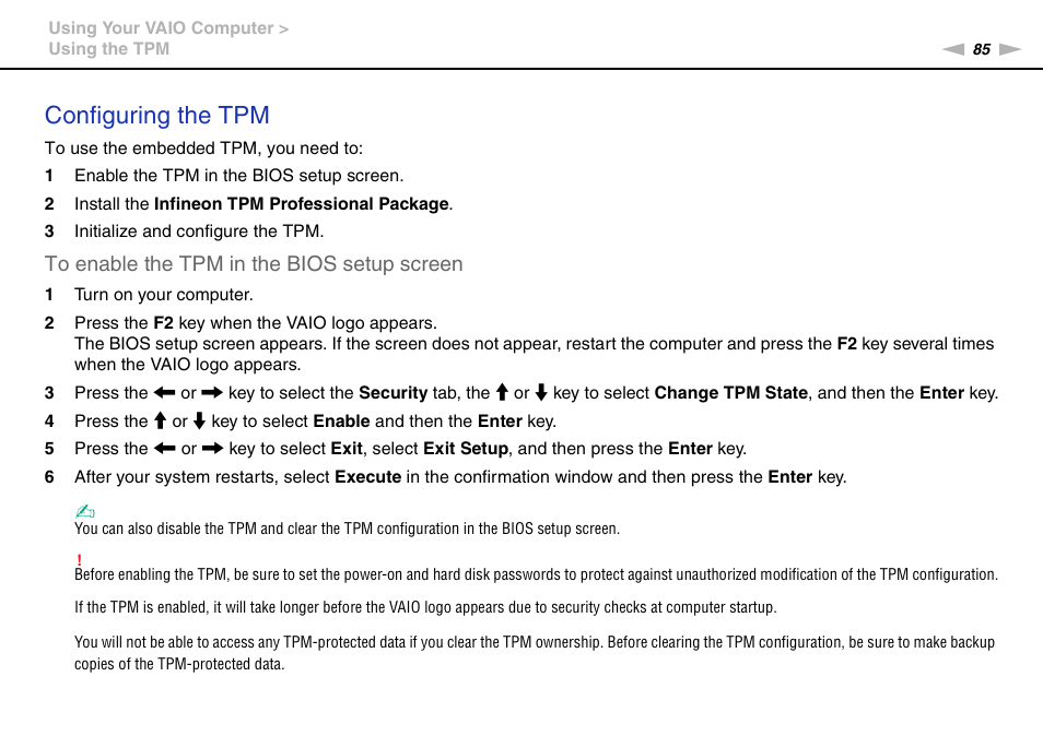 Configuring the tpm | Sony VPCB1190X User Manual | Page 85 / 198
