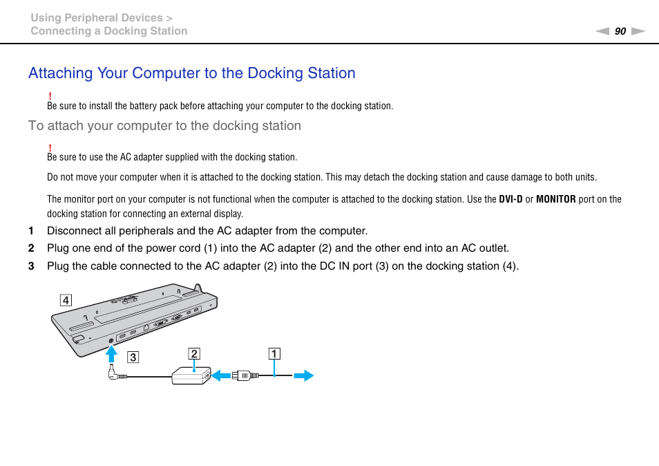 Attaching your computer to the docking station | Sony VPCB1190X User Manual | Page 90 / 198