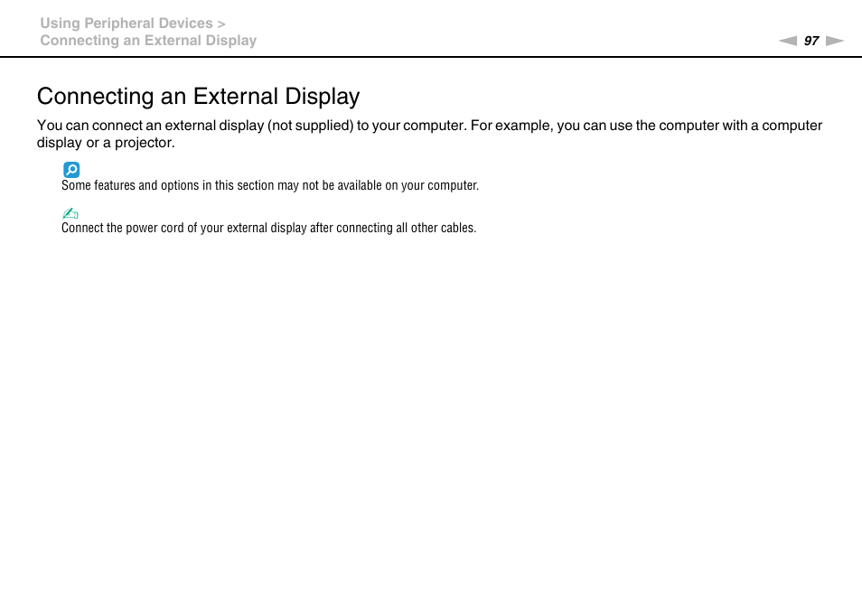 Connecting an external display | Sony VPCB1190X User Manual | Page 97 / 198