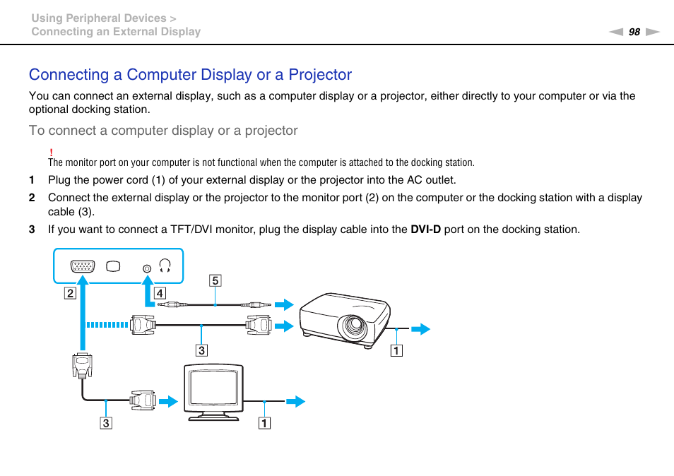 Connecting a computer display or a projector | Sony VPCB1190X User Manual | Page 98 / 198