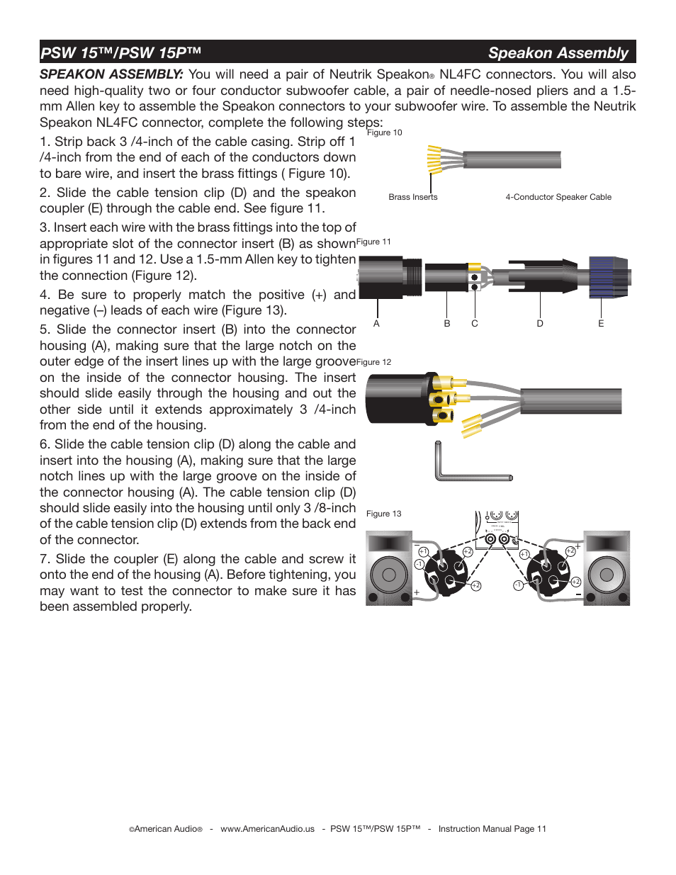 Psw 15™/psw 15p™ speakon assembly, Speakon 1+ hot 1 cold | American Audio PSW 15 User Manual | Page 11 / 15