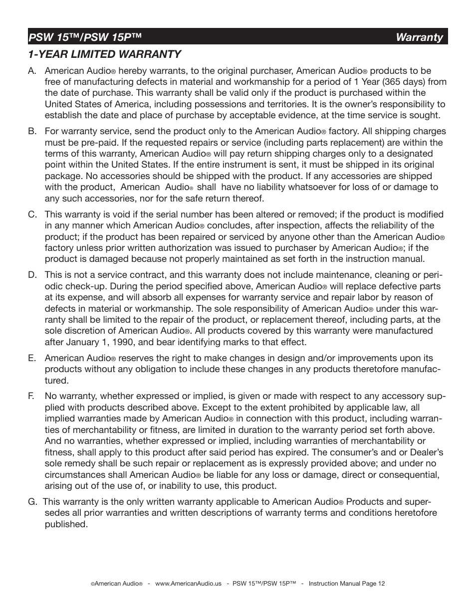 Year limited warranty, Psw 15™/psw 15p™ warranty | American Audio PSW 15 User Manual | Page 12 / 15