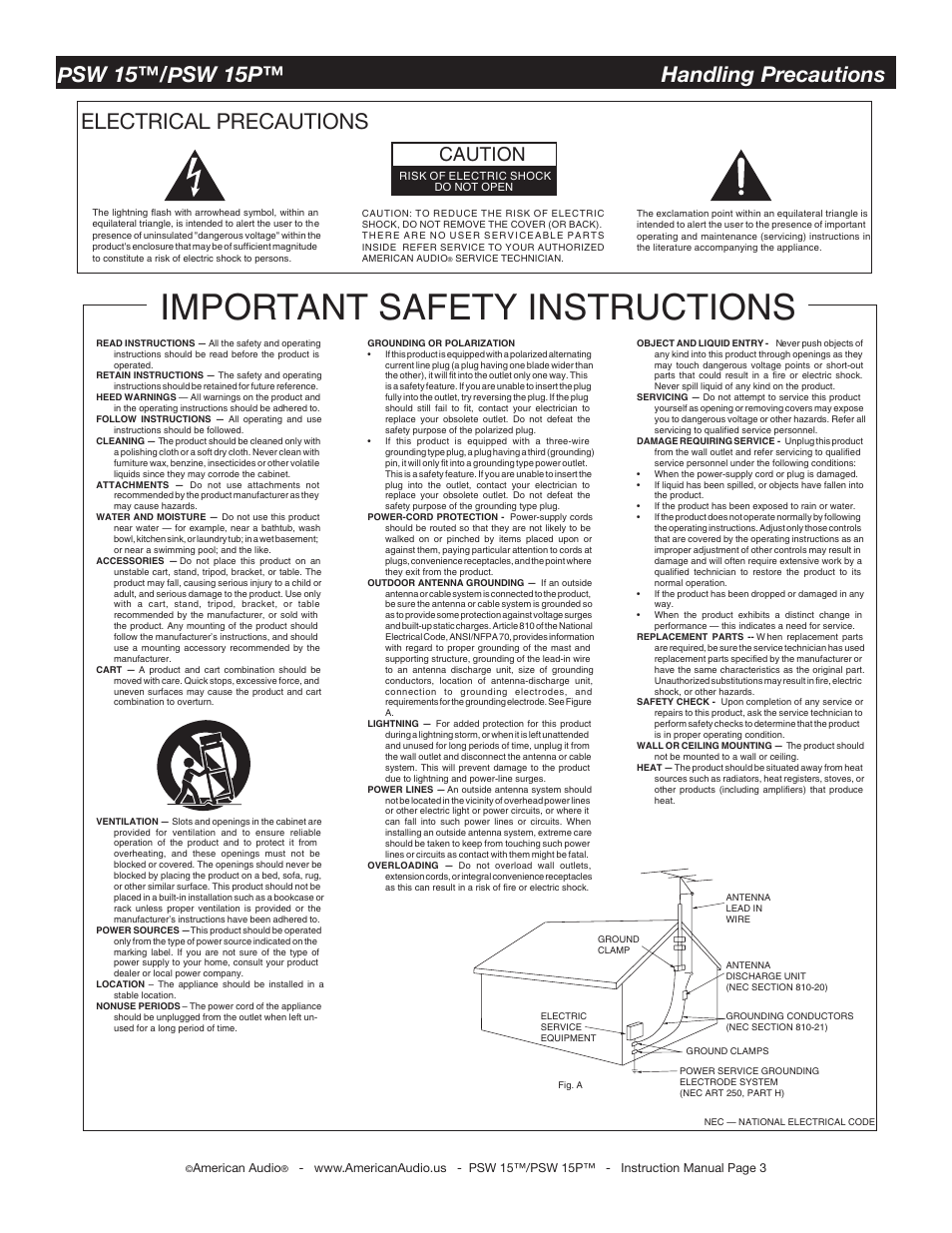 Important safety instructions, Electrical precautions, Psw 15™/psw 15p™ handling precautions | Caution | American Audio PSW 15 User Manual | Page 3 / 15
