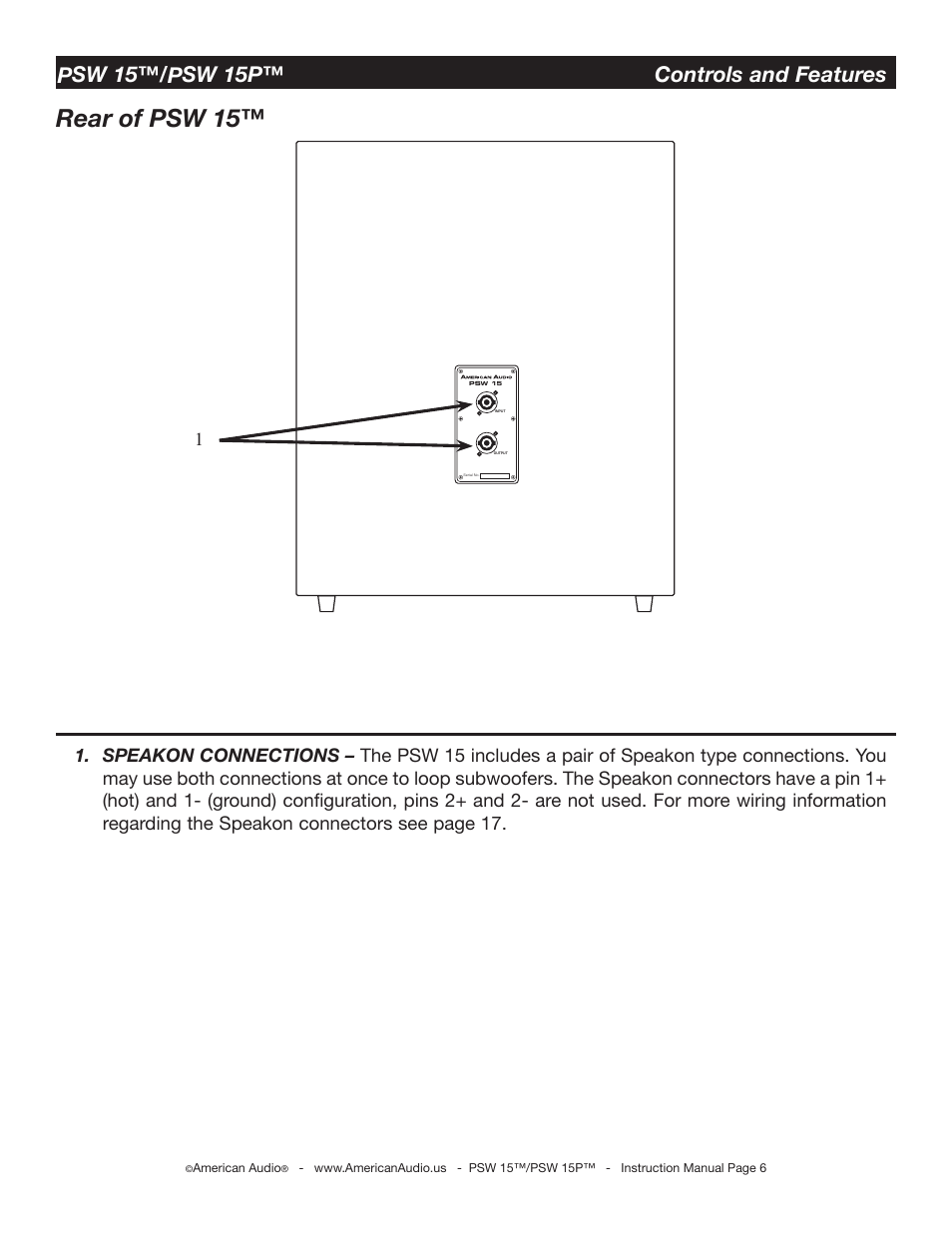 Rear of psw 15, Psw 15™/psw 15p™ controls and features | American Audio PSW 15 User Manual | Page 6 / 15