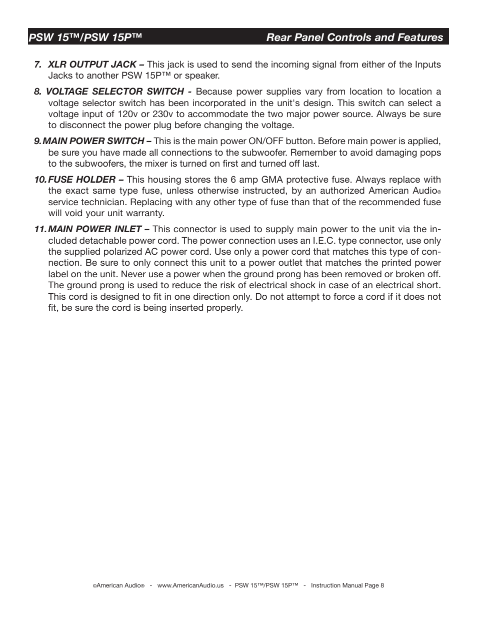 Psw 15™/psw 15p™ rear panel controls and features | American Audio PSW 15 User Manual | Page 8 / 15
