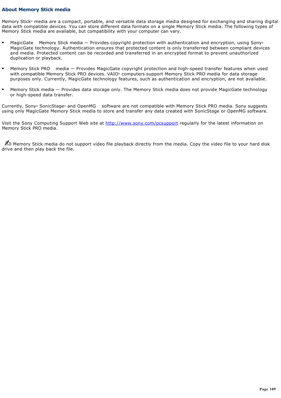 About memory stick media | Sony VGN-A170 User Manual | Page 109 / 315