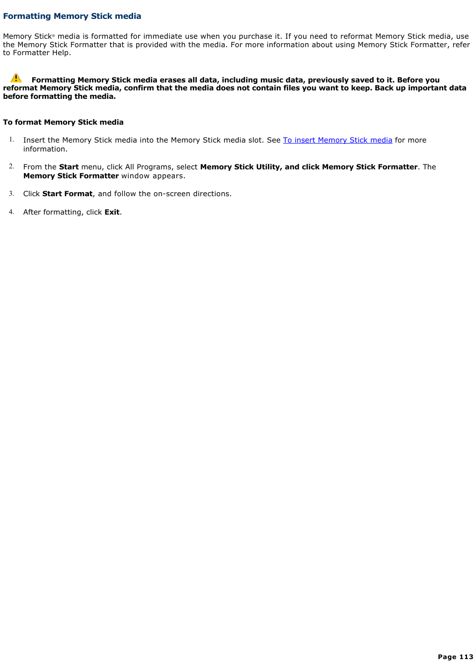 Formatting memory stick media | Sony VGN-A170 User Manual | Page 113 / 315