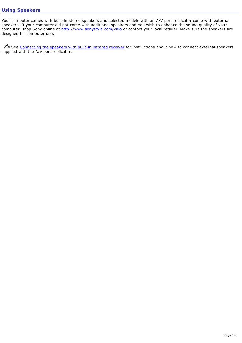 Using speakers | Sony VGN-A170 User Manual | Page 140 / 315