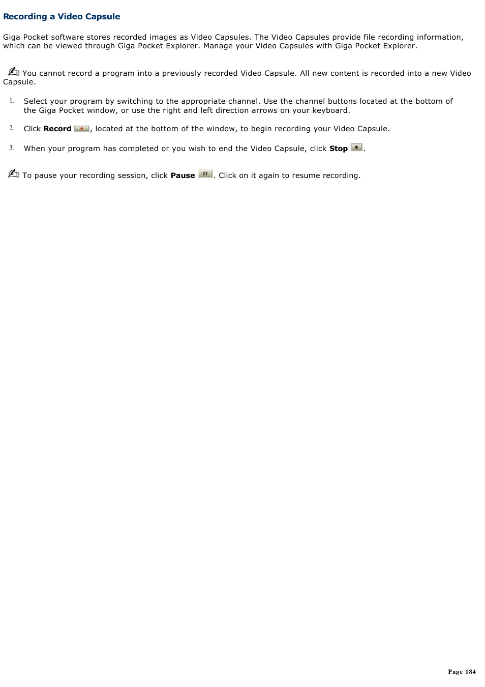 Recording a video capsule | Sony VGN-A170 User Manual | Page 184 / 315