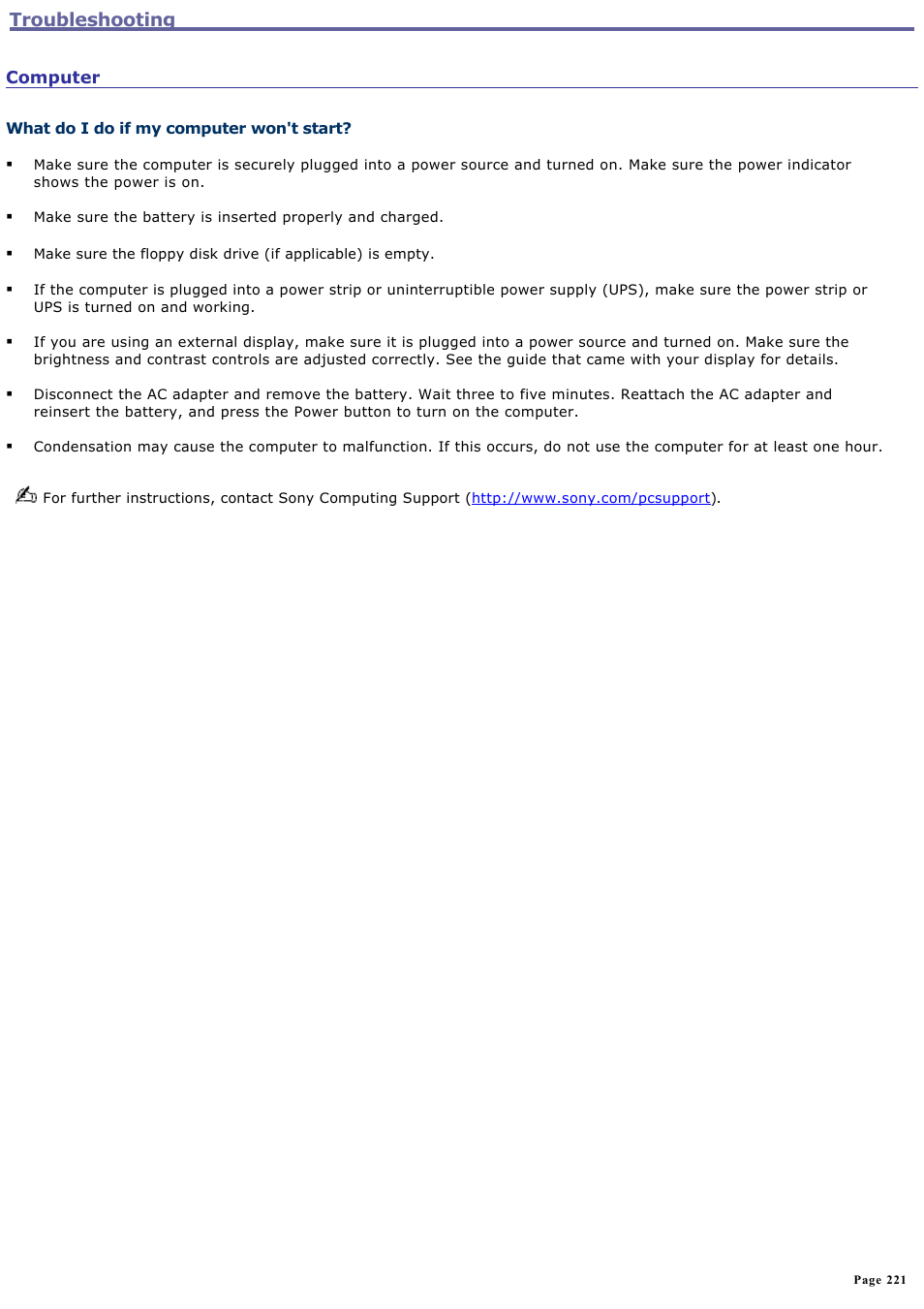 Computer, Troubleshooting | Sony VGN-A170 User Manual | Page 221 / 315