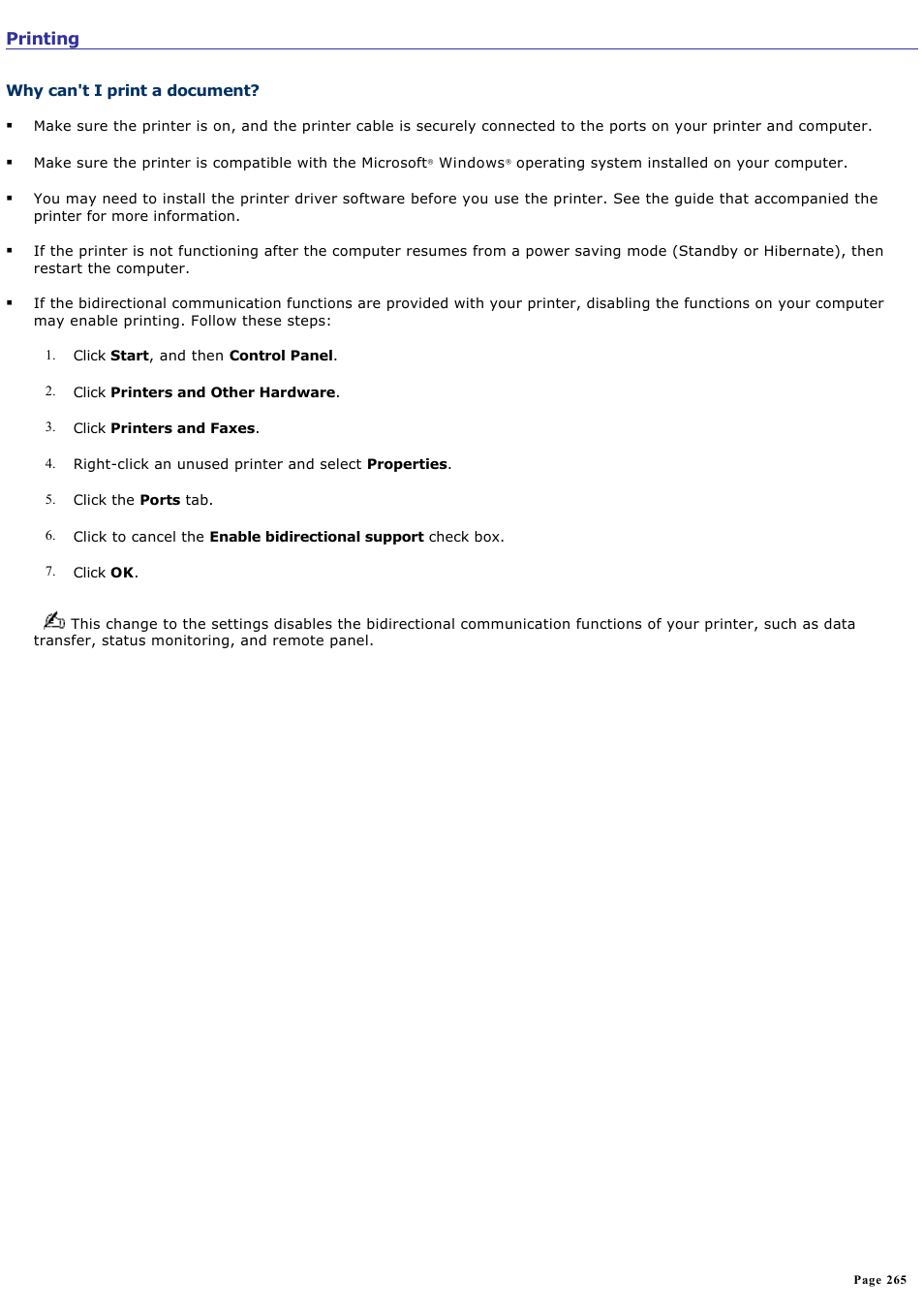 Why can't i print a document | Sony VGN-A170 User Manual | Page 265 / 315