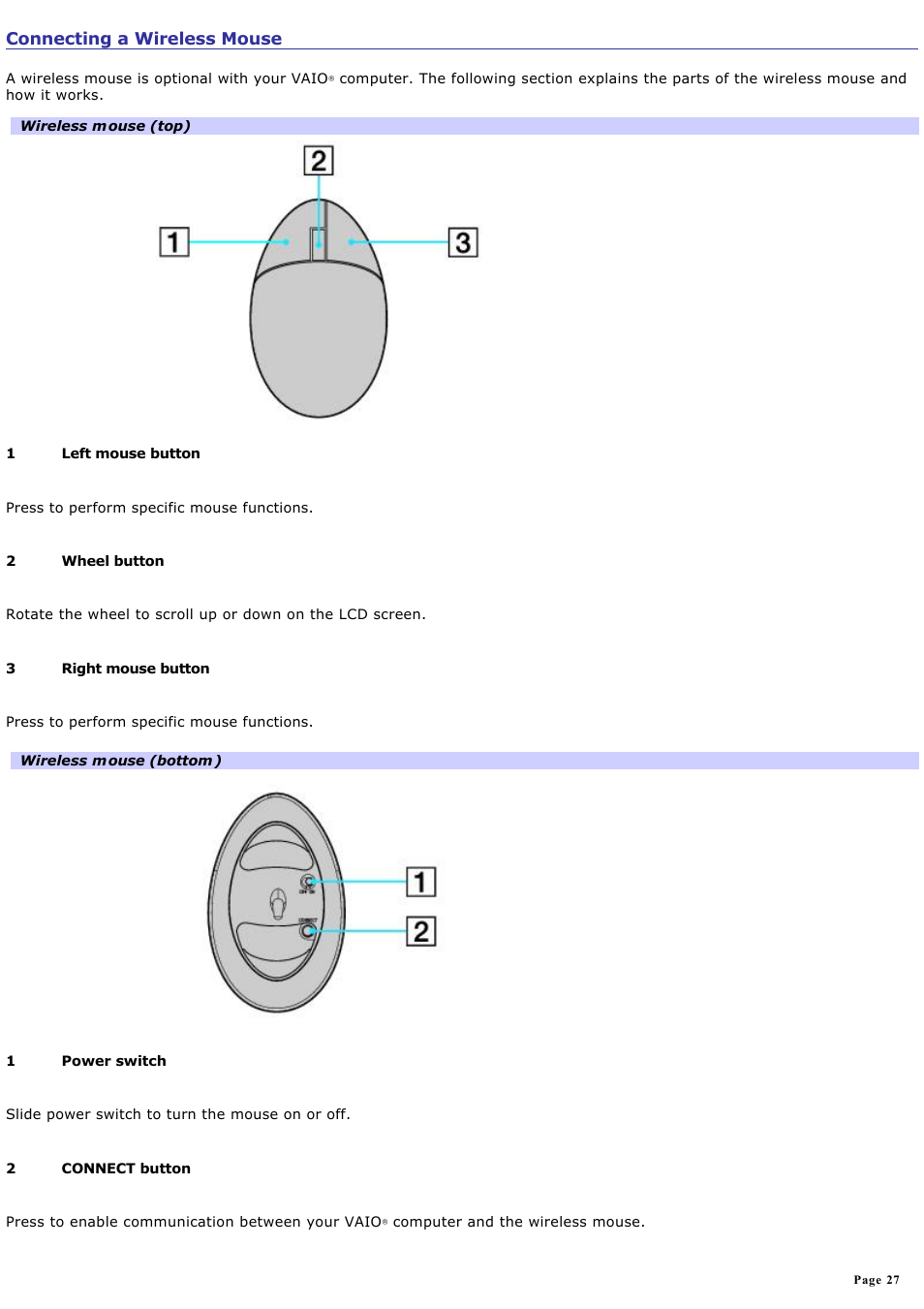 Connecting a wireless mouse | Sony VGN-A170 User Manual | Page 27 / 315