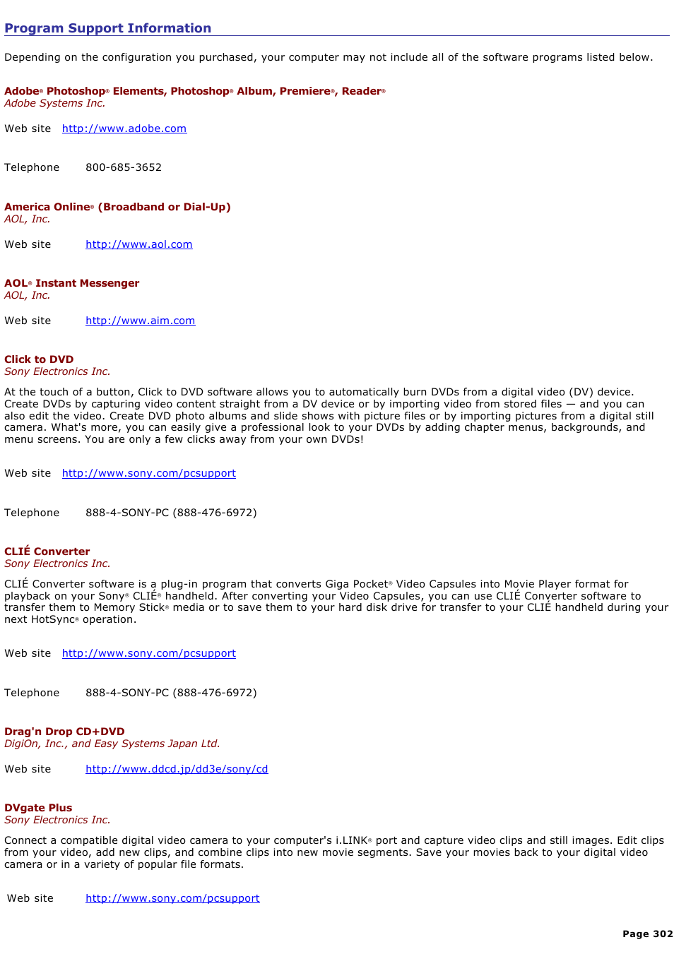 Program support information | Sony VGN-A170 User Manual | Page 302 / 315