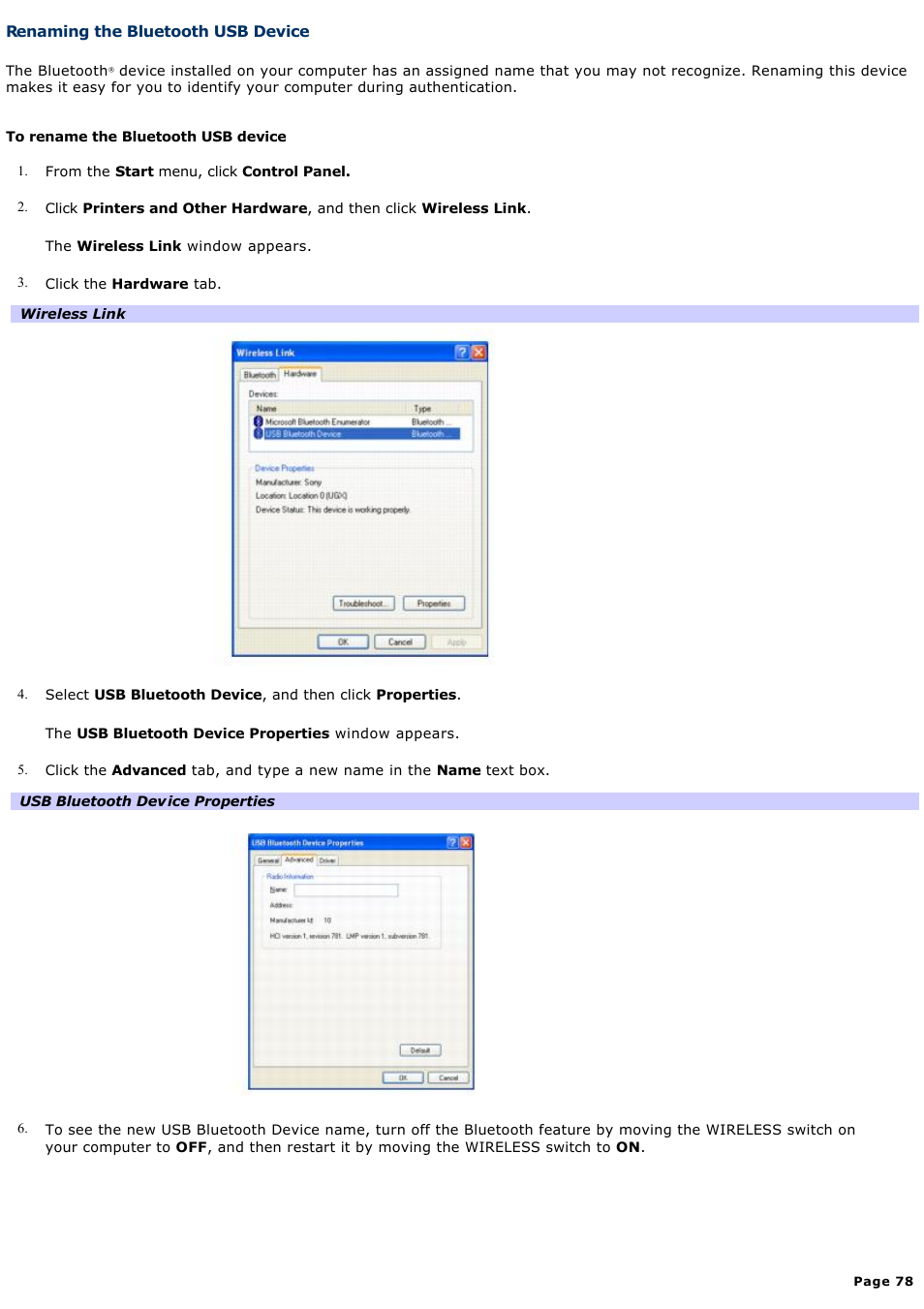 Renaming the bluetooth usb device | Sony VGN-A170 User Manual | Page 78 / 315