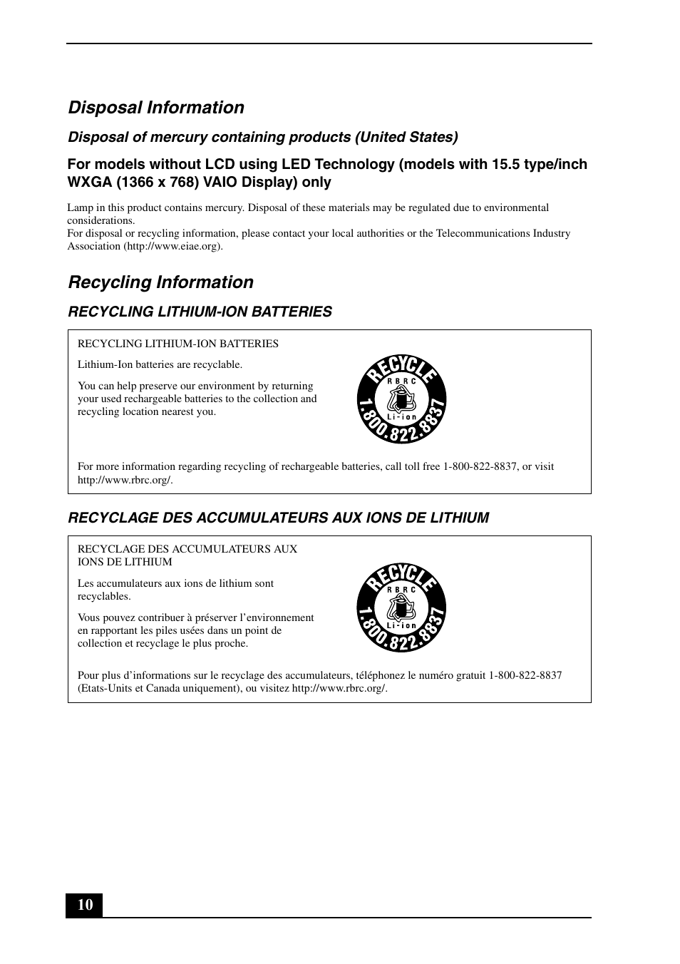 Disposal information, Recycling information | Sony VPCEA Series User Manual | Page 10 / 24