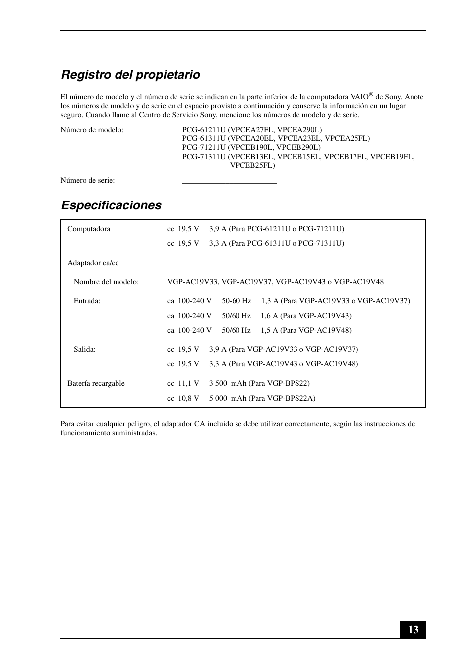 Registro del propietario, Especificaciones | Sony VPCEA Series User Manual | Page 13 / 24