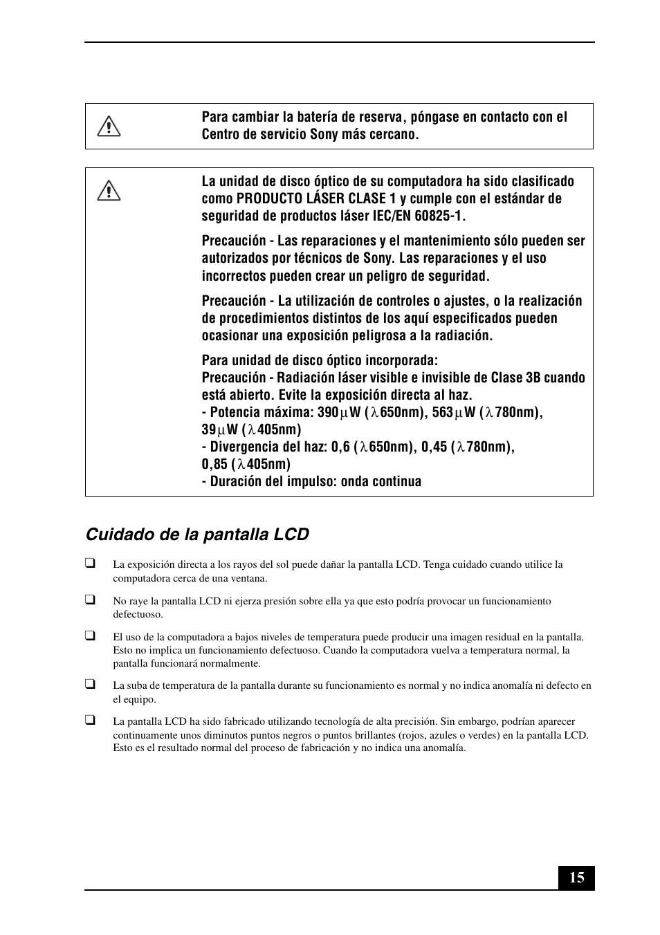 Cuidado de la pantalla lcd | Sony VPCEA Series User Manual | Page 15 / 24