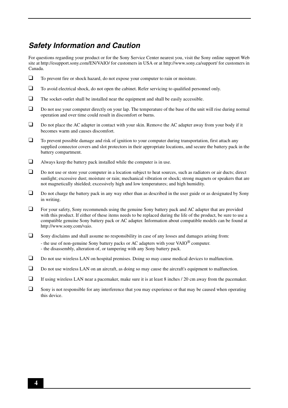 Safety information and caution | Sony VPCEA Series User Manual | Page 4 / 24