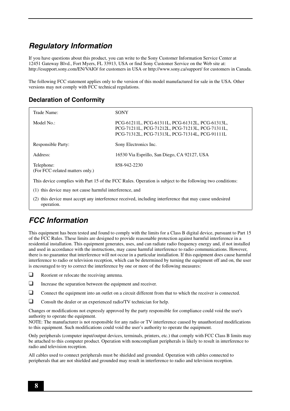 Regulatory information, Fcc information, Declaration of conformity | Sony VPCEA Series User Manual | Page 8 / 24