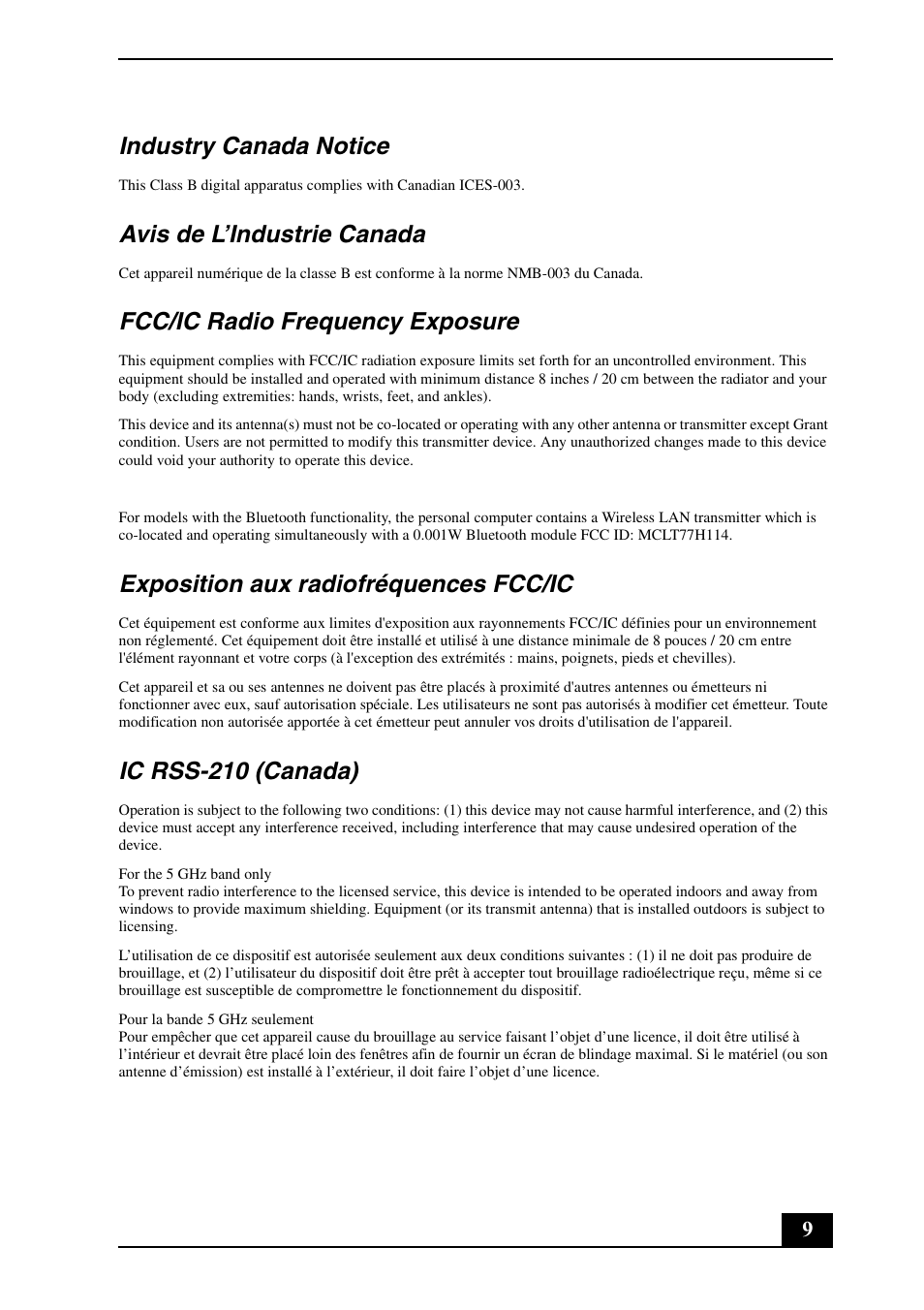 Industry canada notice, Avis de l’industrie canada, Fcc/ic radio frequency exposure | Exposition aux radiofréquences fcc/ic, Ic rss-210 (canada) | Sony VPCEA Series User Manual | Page 9 / 24
