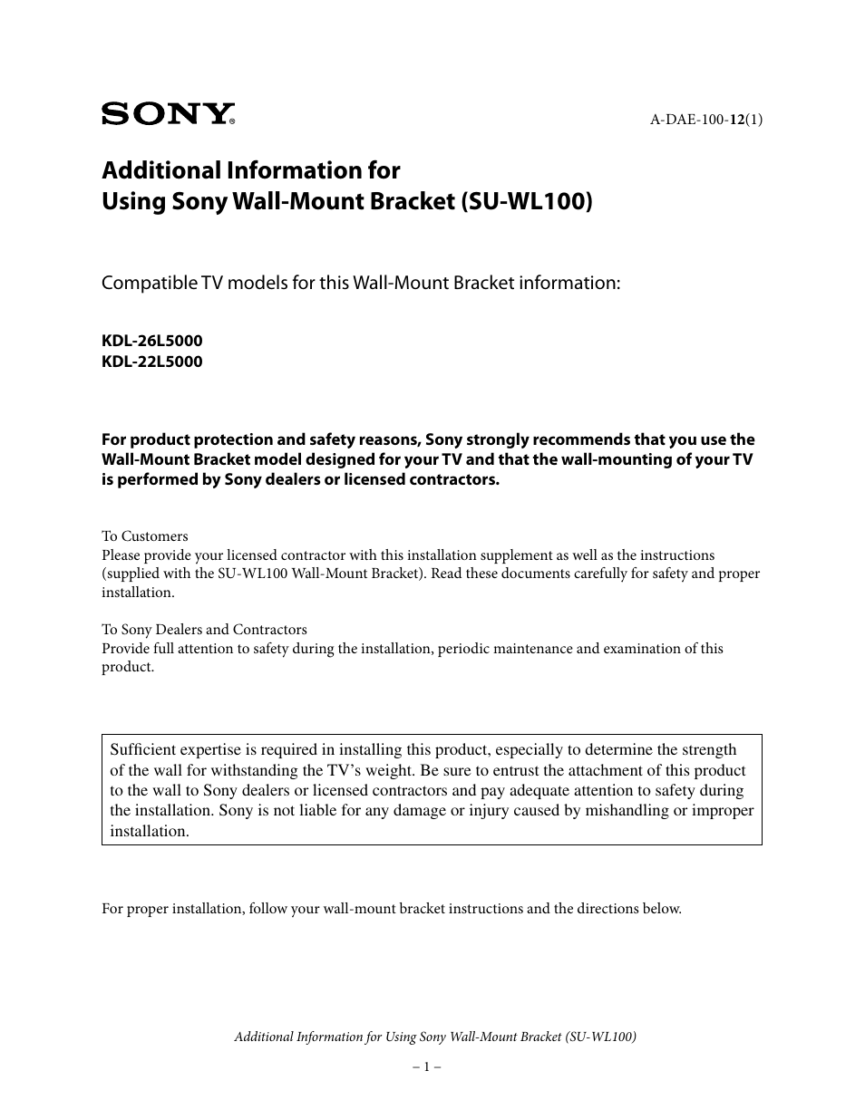 Sony KDL-22L5000 User Manual | 4 pages