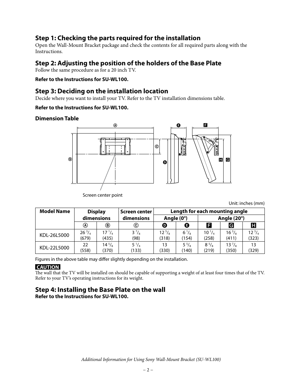 Step 3: deciding on the installation location, Step 4: installing the base plate on the wall, Dimension table | Sony KDL-22L5000 User Manual | Page 2 / 4