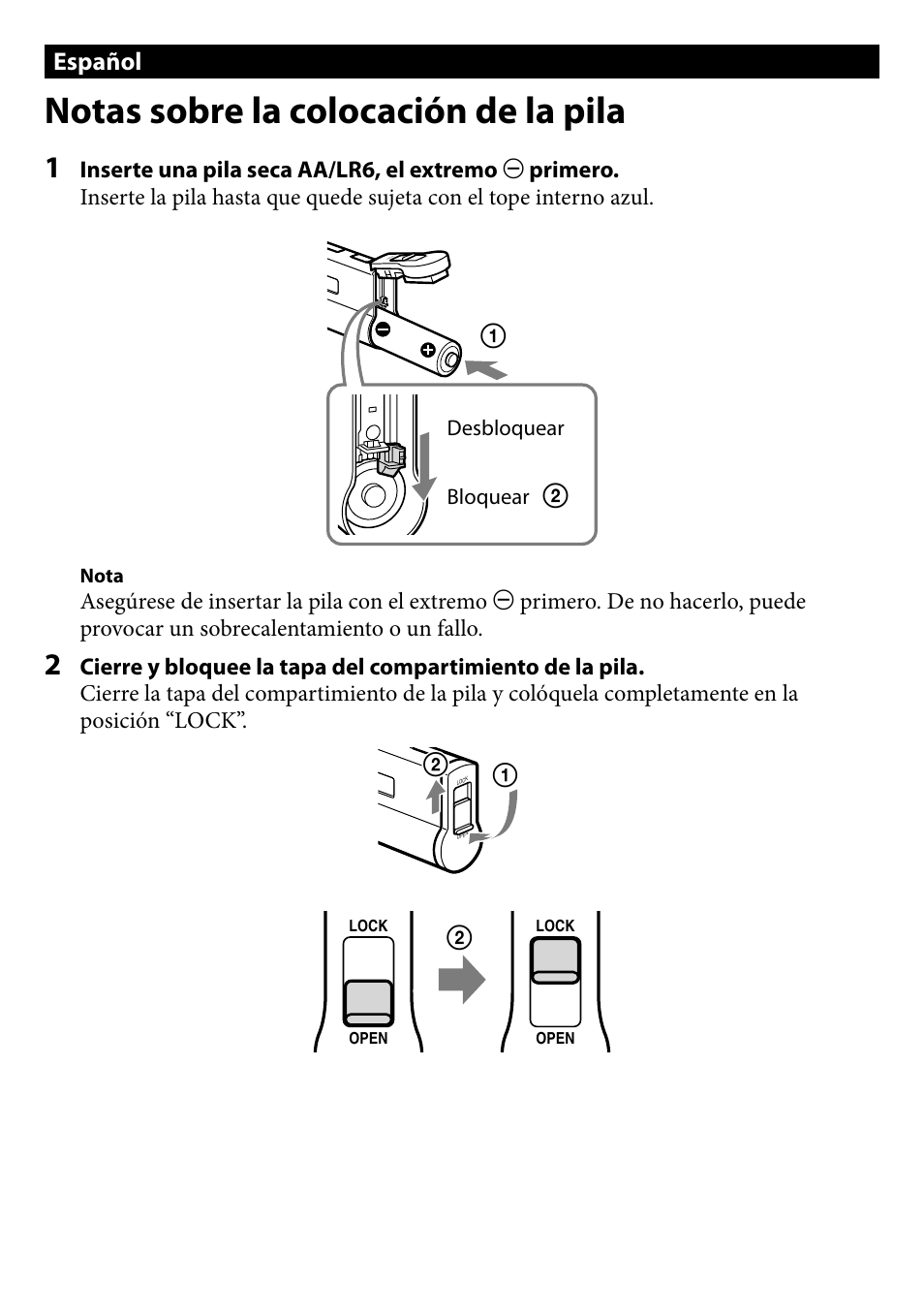 Notas sobre la colocación de la pila, Español | Sony MDR-NC300D User Manual | Page 2 / 2