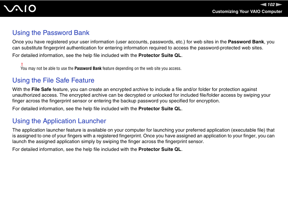 Using the password bank, Using the file safe feature, Using the application launcher | Sony VGN-CS118E User Manual | Page 102 / 193