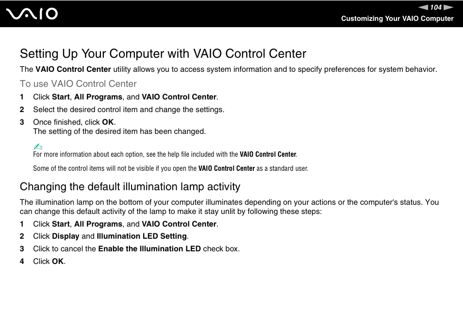 Setting up your computer with vaio control center, Changing the default illumination lamp activity | Sony VGN-CS118E User Manual | Page 104 / 193